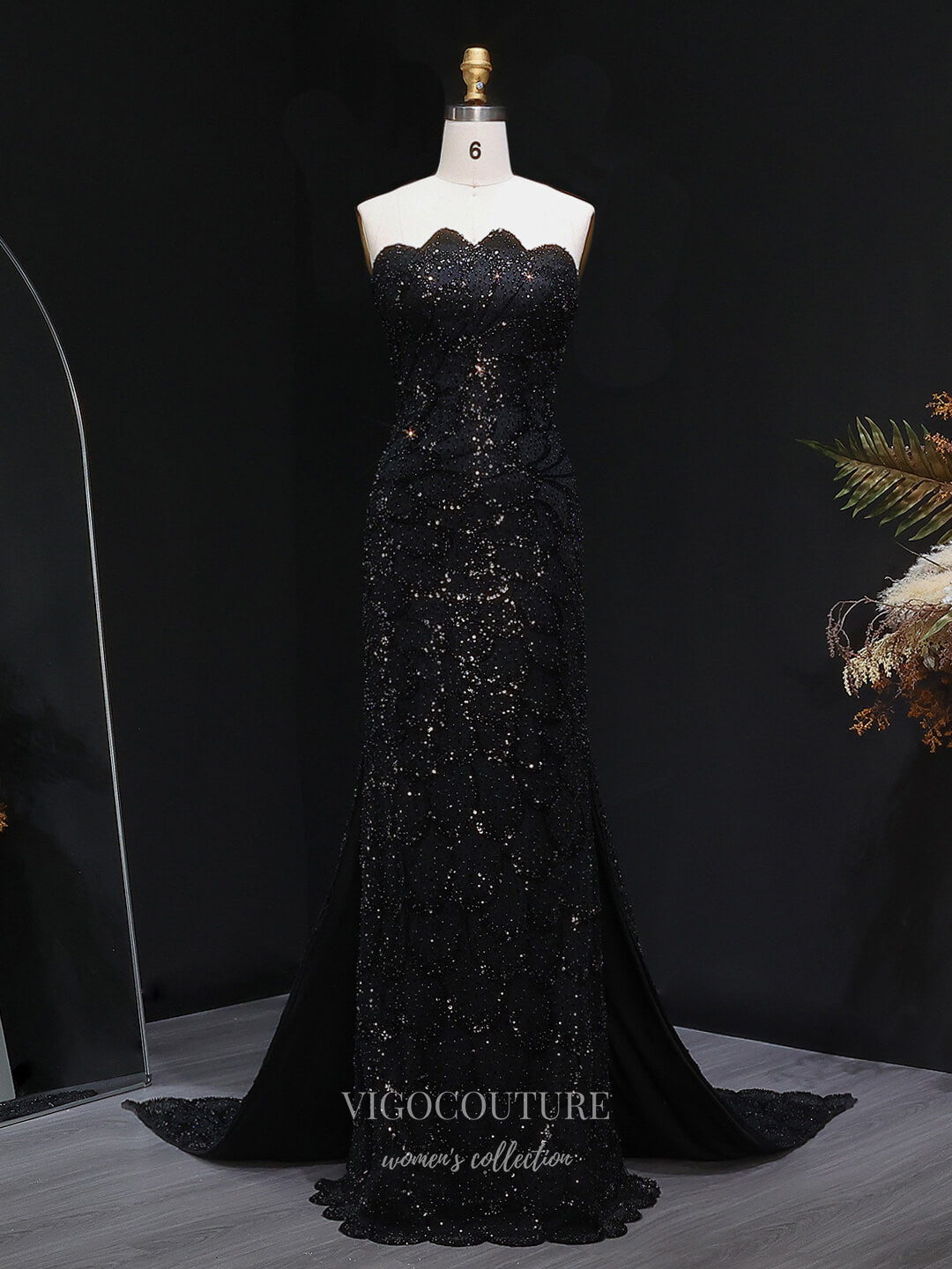 Evening Gown 2025 to impress Teal Strapless Beaded Mermaid Evening Gown with Scalloped Sweetheart Neckline, Front Slit & Sweep Train – 26023-vigocouture-Black-US2-vigocouture