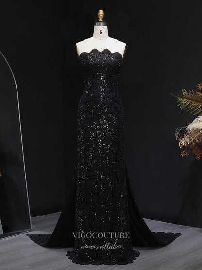 Evening Gown 2025 to impress Teal Strapless Beaded Mermaid Evening Gown with Scalloped Sweetheart Neckline, Front Slit & Sweep Train – 26023-vigocouture-Black-US2-vigocouture