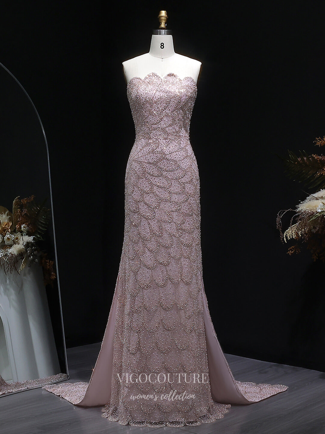 Evening Gown 2025 to impress Teal Strapless Beaded Mermaid Evening Gown with Scalloped Sweetheart Neckline, Front Slit & Sweep Train – 26023-vigocouture-Blush-US2-vigocouture