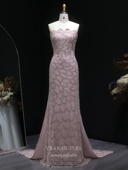 Evening Gown 2025 to impress Teal Strapless Beaded Mermaid Evening Gown with Scalloped Sweetheart Neckline, Front Slit & Sweep Train – 26023-vigocouture-Blush-US2-vigocouture
