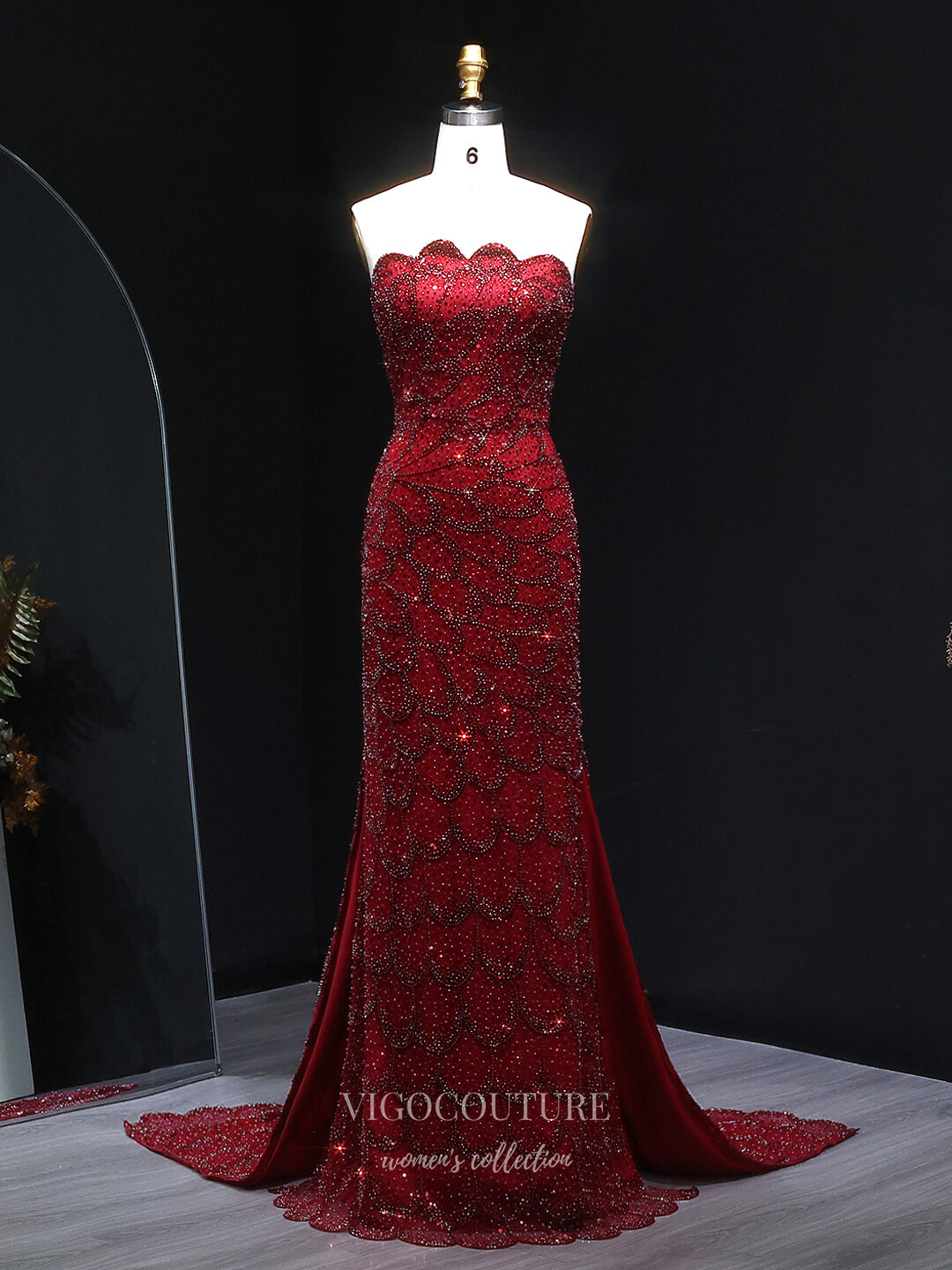 Evening Gown 2025 to impress Teal Strapless Beaded Mermaid Evening Gown with Scalloped Sweetheart Neckline, Front Slit & Sweep Train – 26023-vigocouture-Burgundy-US2-vigocouture