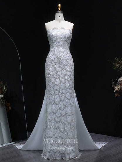 Evening Gown 2025 to impress Teal Strapless Beaded Mermaid Evening Gown with Scalloped Sweetheart Neckline, Front Slit & Sweep Train – 26023-vigocouture-Silver-US2-vigocouture
