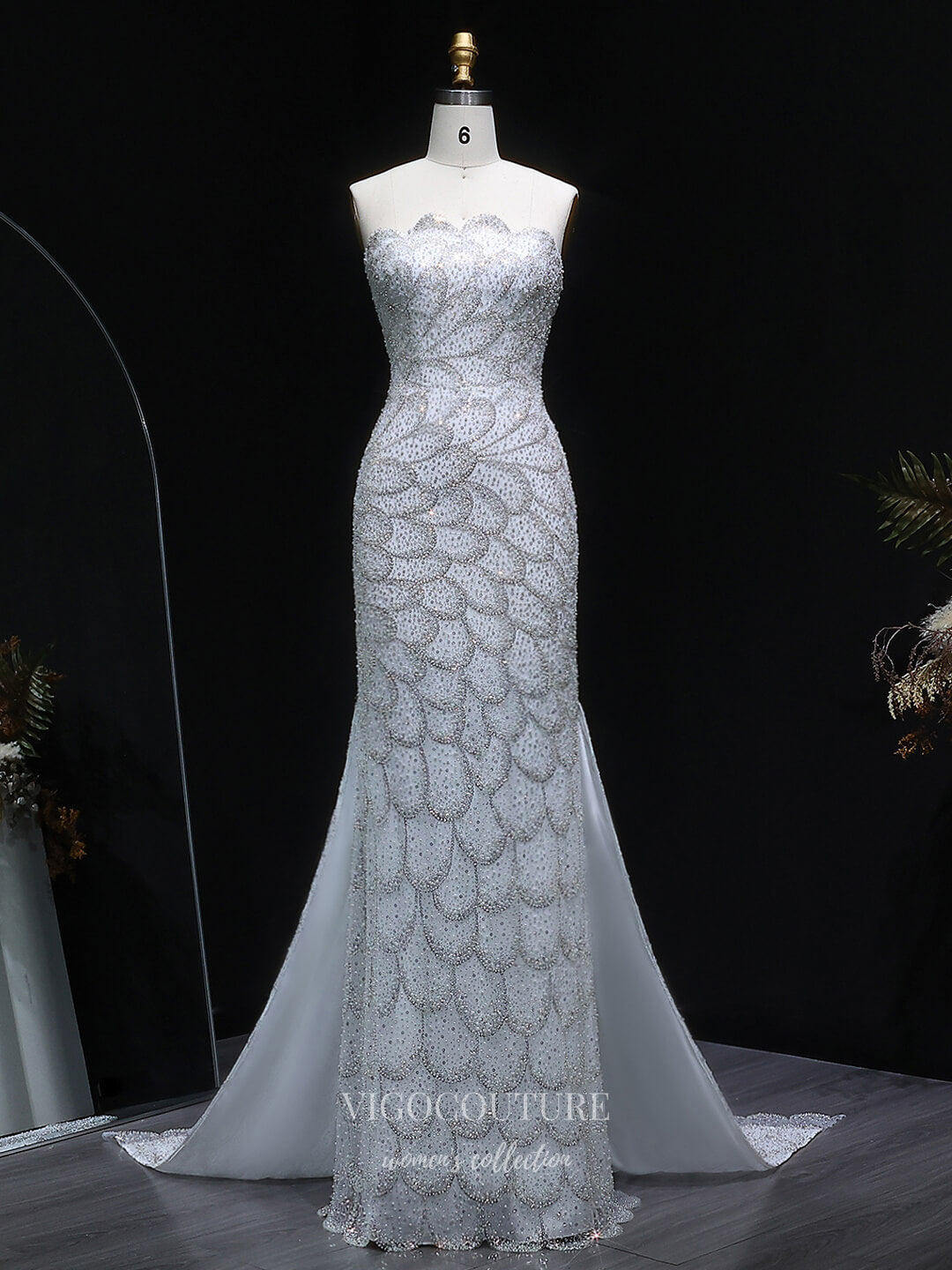 Evening Gown 2025 to impress Teal Strapless Beaded Mermaid Evening Gown with Scalloped Sweetheart Neckline, Front Slit & Sweep Train – 26023-vigocouture-Silver-US2-vigocouture