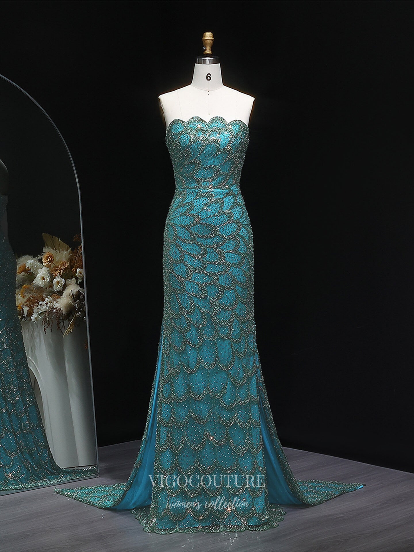 Evening Gown 2025 to impress Teal Strapless Beaded Mermaid Evening Gown with Scalloped Sweetheart Neckline, Front Slit & Sweep Train – 26023-vigocouture-Teal-US2-vigocouture