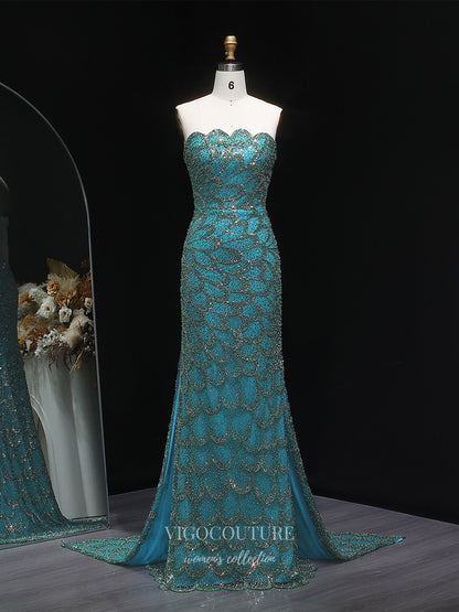 Evening Gown 2025 to impress Teal Strapless Beaded Mermaid Evening Gown with Scalloped Sweetheart Neckline, Front Slit & Sweep Train – 26023-vigocouture-Teal-US2-vigocouture