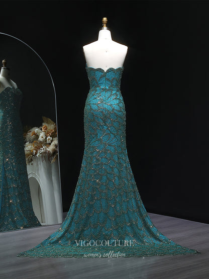 Evening Gown 2025 to impress Teal Strapless Beaded Mermaid Evening Gown with Scalloped Sweetheart Neckline, Front Slit & Sweep Train – 26023-vigocouture-vigocouture