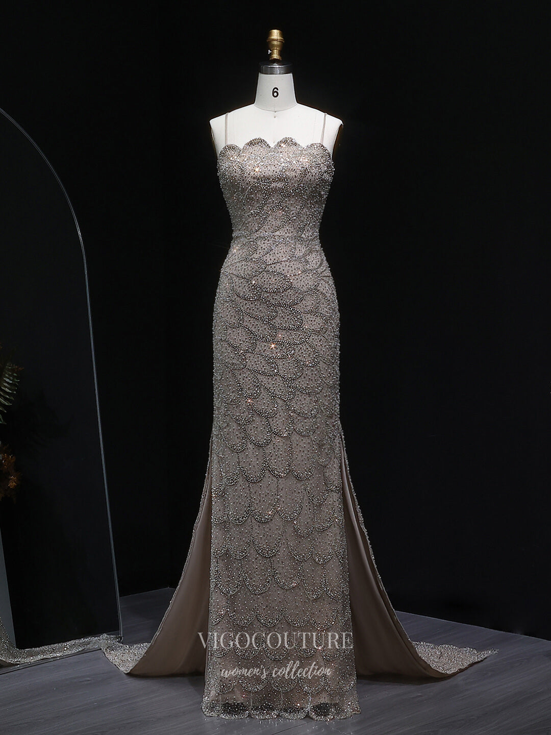 Evening Gown 2025 to impress Teal Strapless Beaded Mermaid Evening Gown with Scalloped Sweetheart Neckline, Front Slit & Sweep Train – 26023-vigocouture-vigocouture