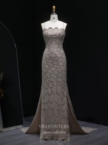 Evening Gown 2025 to impress Teal Strapless Beaded Mermaid Evening Gown with Scalloped Sweetheart Neckline, Front Slit & Sweep Train – 26023-vigocouture-vigocouture