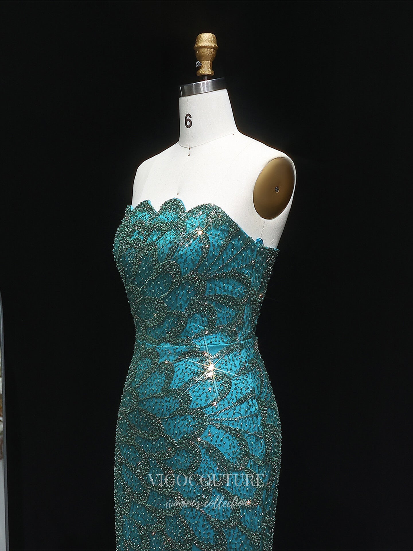 Evening Gown 2025 to impress Teal Strapless Beaded Mermaid Evening Gown with Scalloped Sweetheart Neckline, Front Slit & Sweep Train – 26023-vigocouture-vigocouture