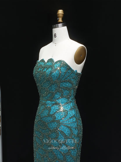 Evening Gown 2025 to impress Teal Strapless Beaded Mermaid Evening Gown with Scalloped Sweetheart Neckline, Front Slit & Sweep Train – 26023-vigocouture-vigocouture
