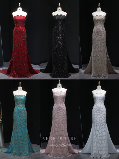 Evening Gown 2025 to impress Teal Strapless Beaded Mermaid Evening Gown with Scalloped Sweetheart Neckline, Front Slit & Sweep Train – 26023-vigocouture-vigocouture
