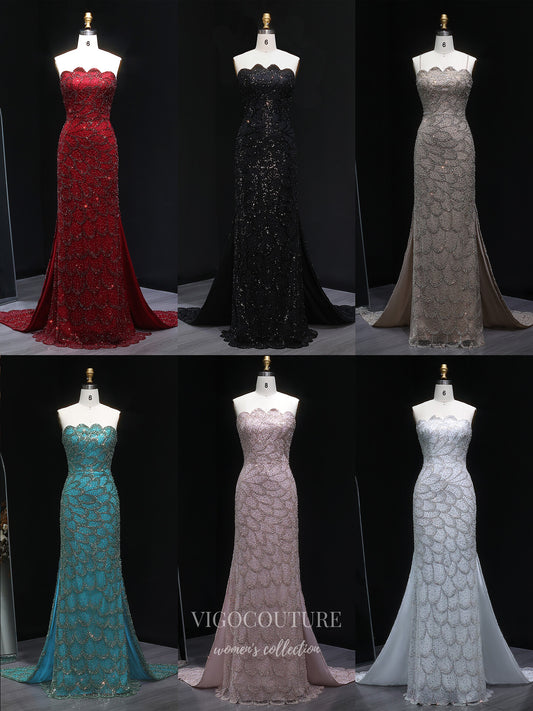 Evening Gown 2025 to impress Teal Strapless Beaded Mermaid Evening Gown with Scalloped Sweetheart Neckline, Front Slit & Sweep Train – 26023-vigocouture-vigocouture