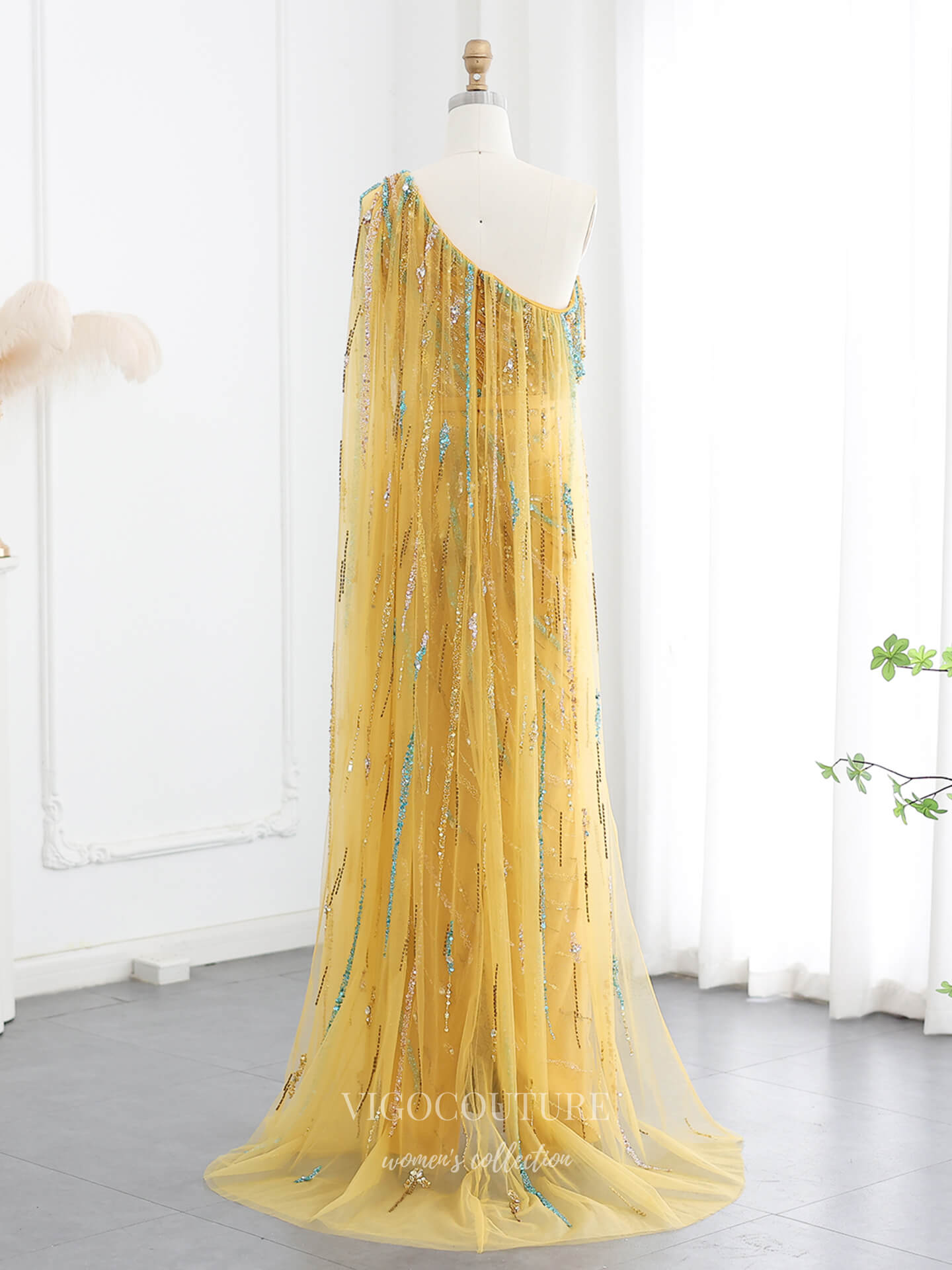 Prom Dresses 2025 to impress Yellow One-Shoulder Beaded Evening Gown with Cape Sleeve, Sequin Tulle & Crystal Waist – 26016-vigocouture-vigocouture