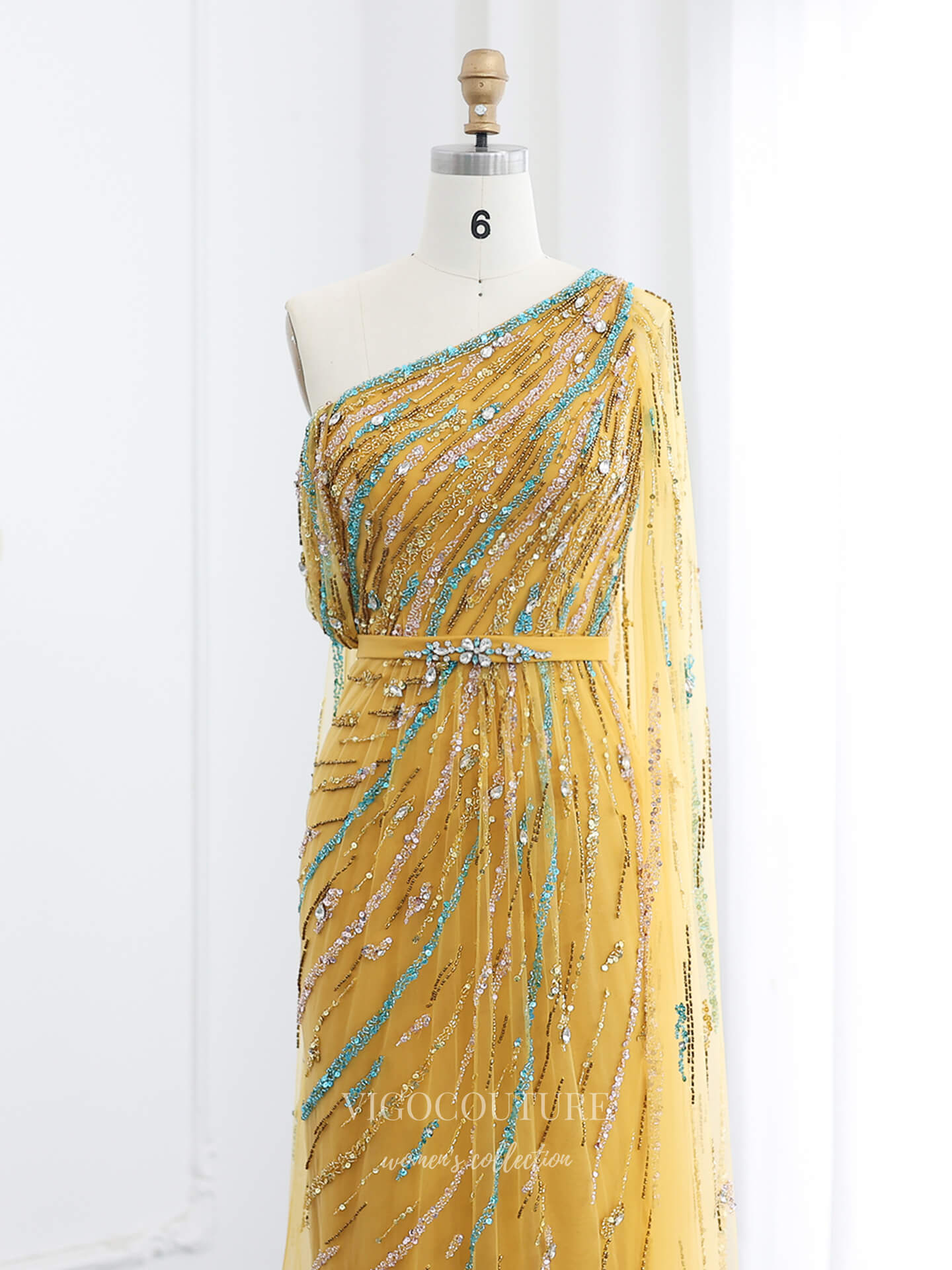 Yellow One-Shoulder Beaded Evening Gown with Cape Sleeve, Sequin Tulle & Crystal Waist – 26016