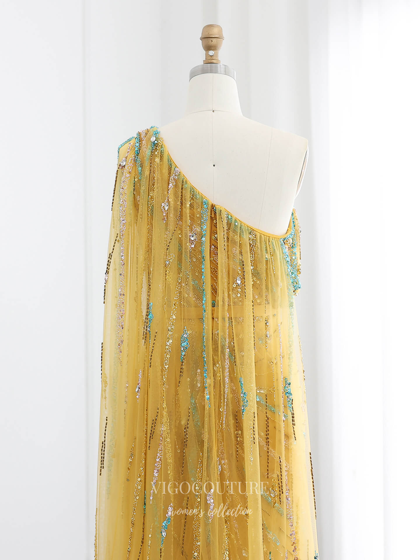 Prom Dresses 2025 to impress Yellow One-Shoulder Beaded Evening Gown with Cape Sleeve, Sequin Tulle & Crystal Waist – 26016-vigocouture-vigocouture