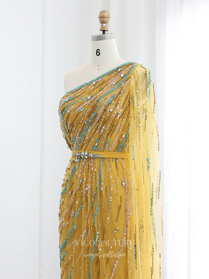 Prom Dresses 2025 to impress Yellow One-Shoulder Beaded Evening Gown with Cape Sleeve, Sequin Tulle & Crystal Waist – 26016-vigocouture-vigocouture