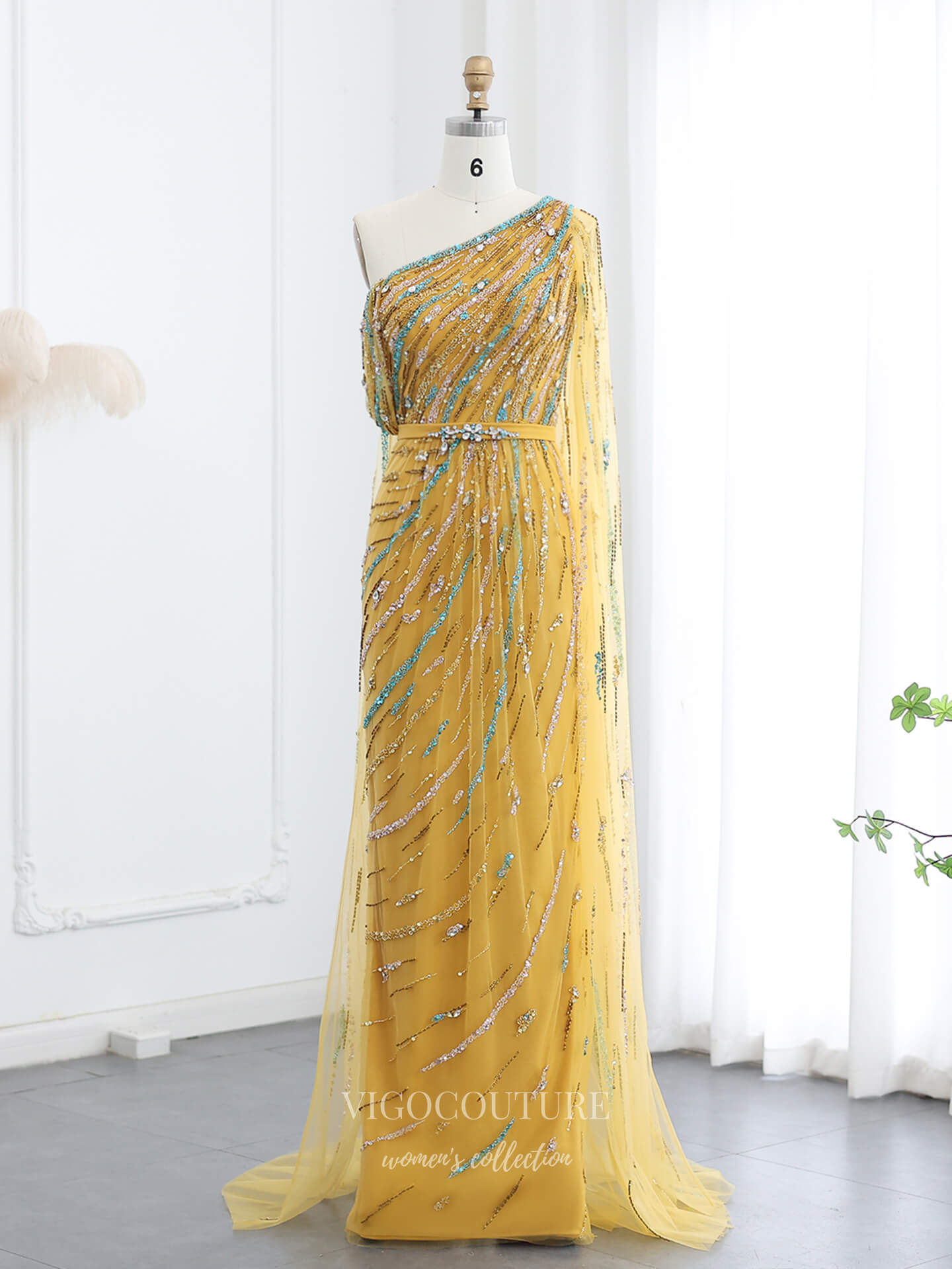 Yellow One-Shoulder Beaded Evening Gown with Cape Sleeve, Sequin Tulle & Crystal Waist – 26016