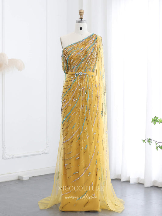 Yellow One-Shoulder Beaded Evening Gown with Cape Sleeve, Sequin Tulle & Crystal Waist – 26016
