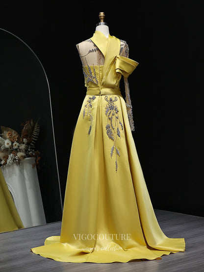 Evening Gown 2025 to impress Yellow One-Shoulder Satin A-Line Evening Gown with High Neck Scarf, Sheer Beaded Bodice & Appliqué Details – 26025-vigocouture-vigocouture