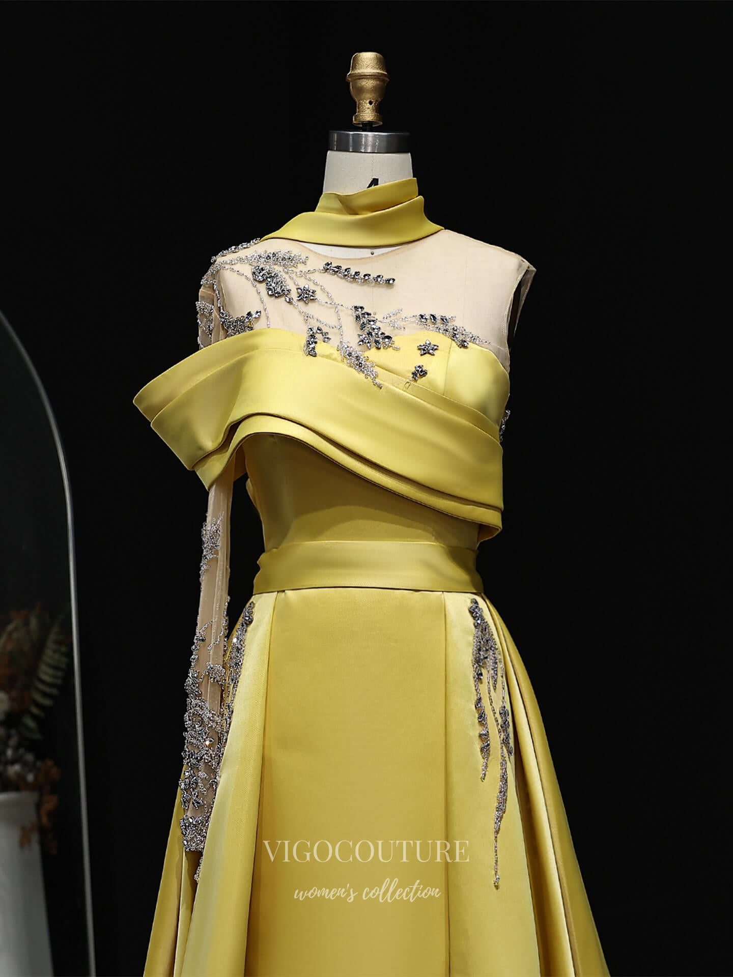 Evening Gown 2025 to impress Yellow One-Shoulder Satin A-Line Evening Gown with High Neck Scarf, Sheer Beaded Bodice & Appliqué Details – 26025-vigocouture-vigocouture