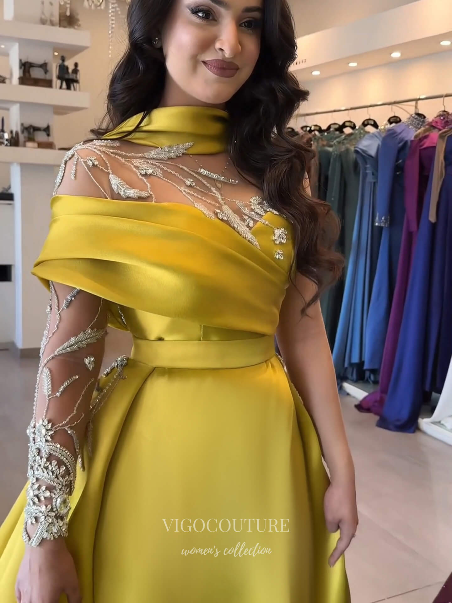 Evening Gown 2025 to impress Yellow One-Shoulder Satin A-Line Evening Gown with High Neck Scarf, Sheer Beaded Bodice & Appliqué Details – 26025-vigocouture-vigocouture