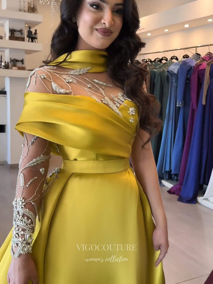 Evening Gown 2025 to impress Yellow One-Shoulder Satin A-Line Evening Gown with High Neck Scarf, Sheer Beaded Bodice & Appliqué Details – 26025-vigocouture-vigocouture