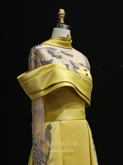Evening Gown 2025 to impress Yellow One-Shoulder Satin A-Line Evening Gown with High Neck Scarf, Sheer Beaded Bodice & Appliqué Details – 26025-vigocouture-vigocouture