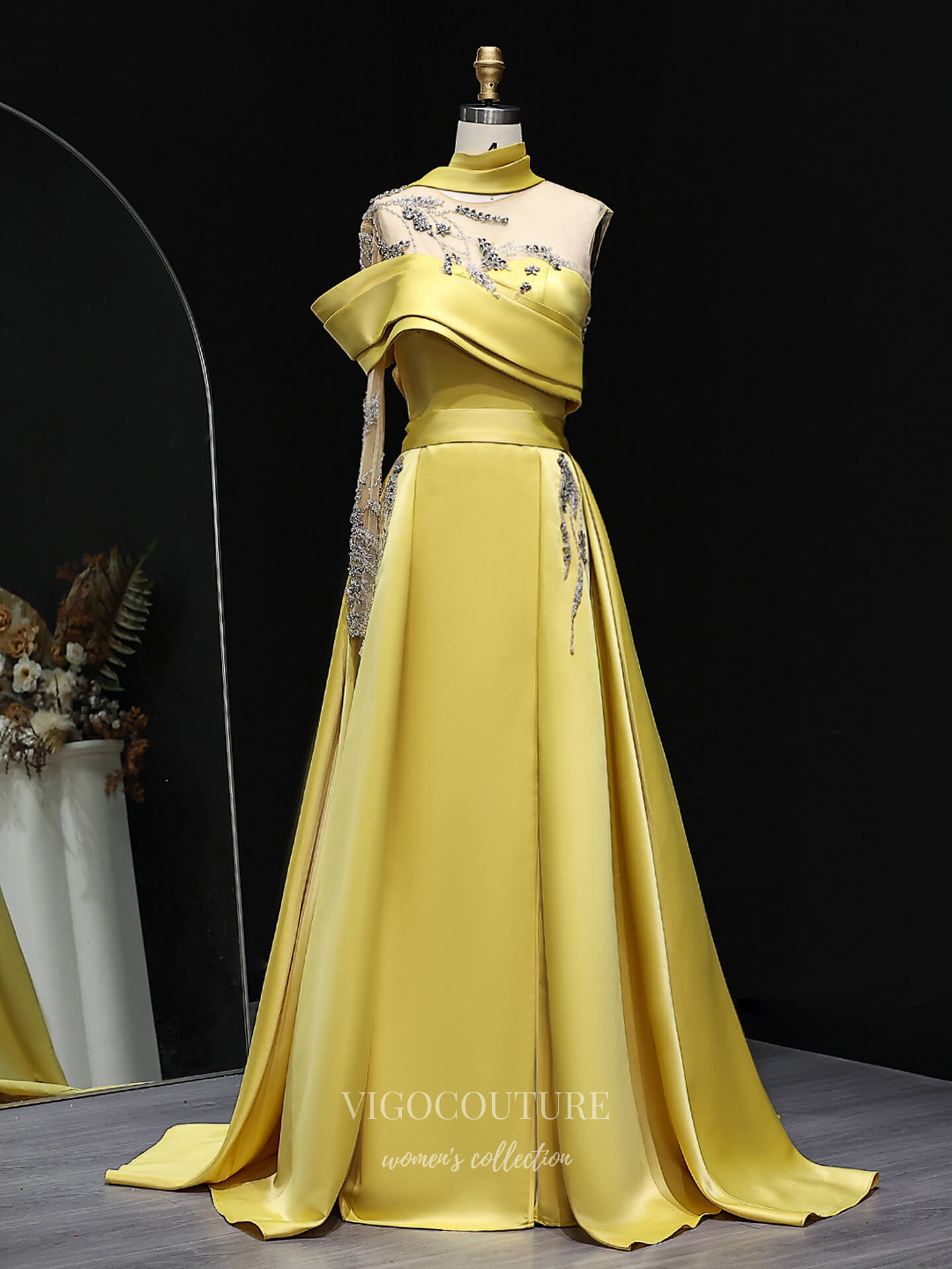 Yellow One-Shoulder Satin A-Line Evening Gown with High Neck Scarf, Sheer Beaded Bodice & Appliqué Details – 26025