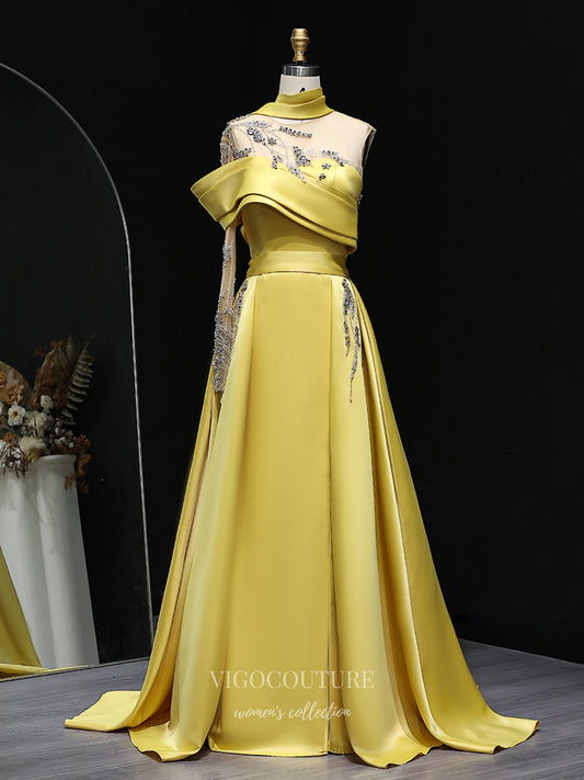 Yellow One-Shoulder Satin A-Line Evening Gown with High Neck Scarf, Sheer Beaded Bodice & Appliqué Details – 26025