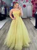 Floral Sequin Lace Applique Prom Dresses Spaghetti Strap Evening Dress 24374-Prom Dresses-vigocouture-Yellow-Custom Size-vigocouture
