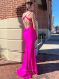 Fuchsia Beaded Spaghetti Strap Prom Dresses Satin Mermaid Evening Dress 24104-Prom Dresses-vigocouture-Fuchsia-Custom Size-vigocouture