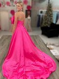 Fuchsia Bow-Tie Satin Prom Dresses Strapless Formal Gown 24103-Prom Dresses-vigocouture-Fuchsia-Custom Size-vigocouture