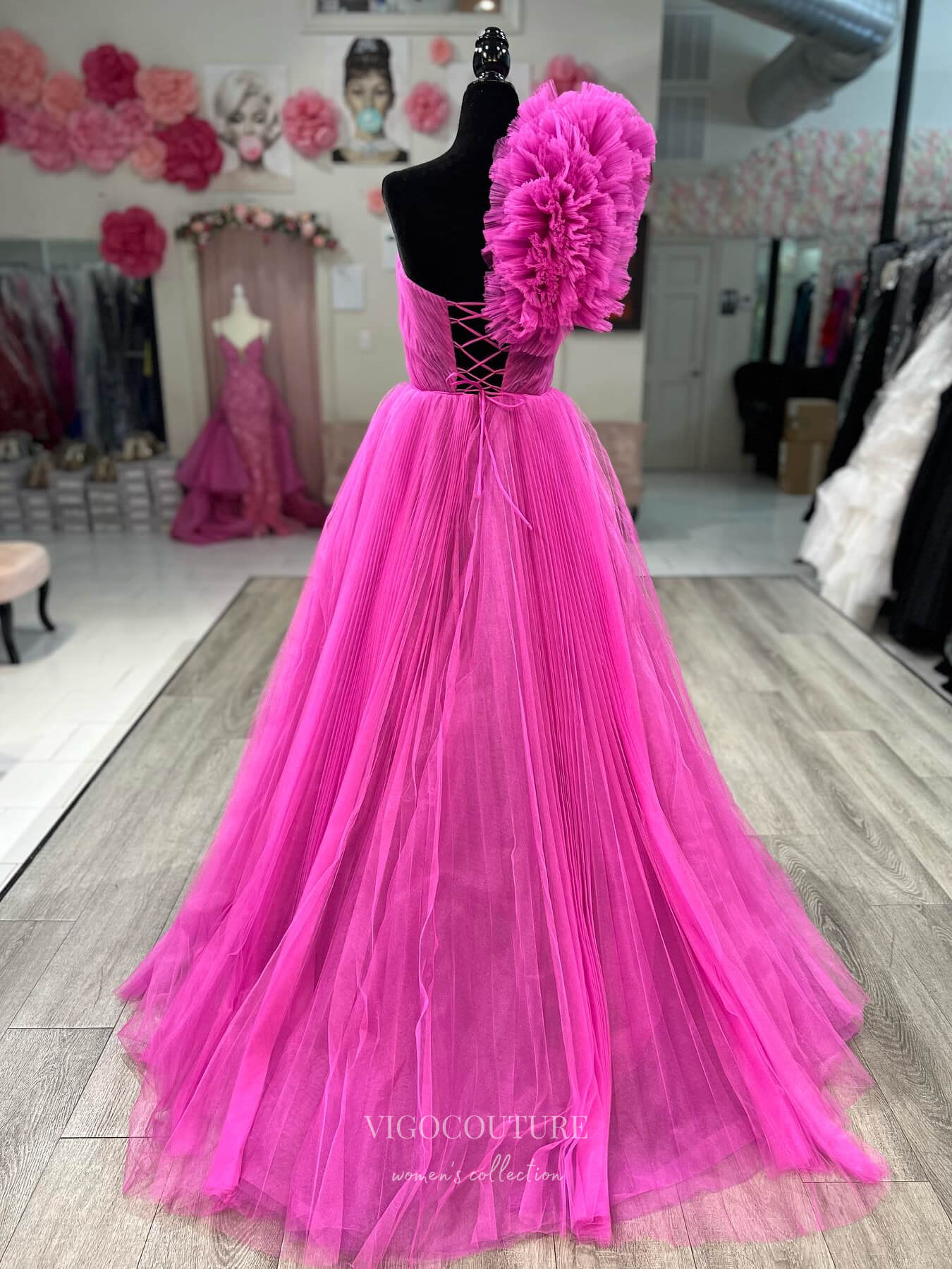Fuchsia Ruffled One Shoulder Prom Dresses Pleated Tulle Frmal Gown 24181-Prom Dresses-vigocouture-Hot Pink-Custom Size-vigocouture