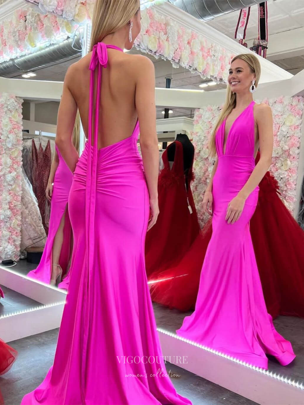 Fuchsia Satin Mermaid Prom Dresses Plunging V-Neck Open Back 24169-Prom Dresses-vigocouture-Fuchsia-Custom Size-vigocouture