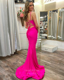 Fuchsia Satin Mermaid Prom Dresses with Slit Spaghetti Strap Evening Dress 24467-Prom Dresses-vigocouture-Fuchsia-Custom Size-vigocouture