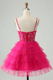 Fuchsia Tiered Spaghetti Strap Homecoming Dresses Beaded Lace Graduation Dress hc382-Prom Dresses-vigocouture-Fuchsia-Custom Size-vigocouture