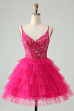 Fuchsia Tiered Spaghetti Strap Homecoming Dresses Beaded Lace Graduation Dress hc382-Prom Dresses-vigocouture-Fuchsia-Custom Size-vigocouture