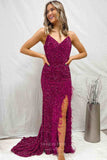Fuchsia Velvet Sequin Mermaid Cheap Prom Dresses with Slit Spaghetti Strap 24242-Prom Dresses-vigocouture-Fuchsia-Custom Size-vigocouture