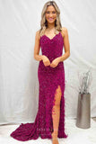 Fuchsia Velvet Sequin Mermaid Cheap Prom Dresses with Slit Spaghetti Strap 24242-Prom Dresses-vigocouture-Fuchsia-Custom Size-vigocouture