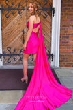 Fuchsia Watteau Train Satin Homecoming Dresses One Shoulder Bodycon Dress hc428-Prom Dresses-vigocouture-Fuchsia-Custom Size-vigocouture