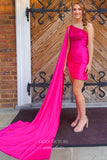 Fuchsia Watteau Train Satin Homecoming Dresses One Shoulder Bodycon Dress hc428