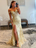 Gold Sequin Lace Mermaid Prom Dresses with Slit Off the Shoulder Evening Dress 24023-Prom Dresses-vigocouture-Gold-Custom Size-vigocouture