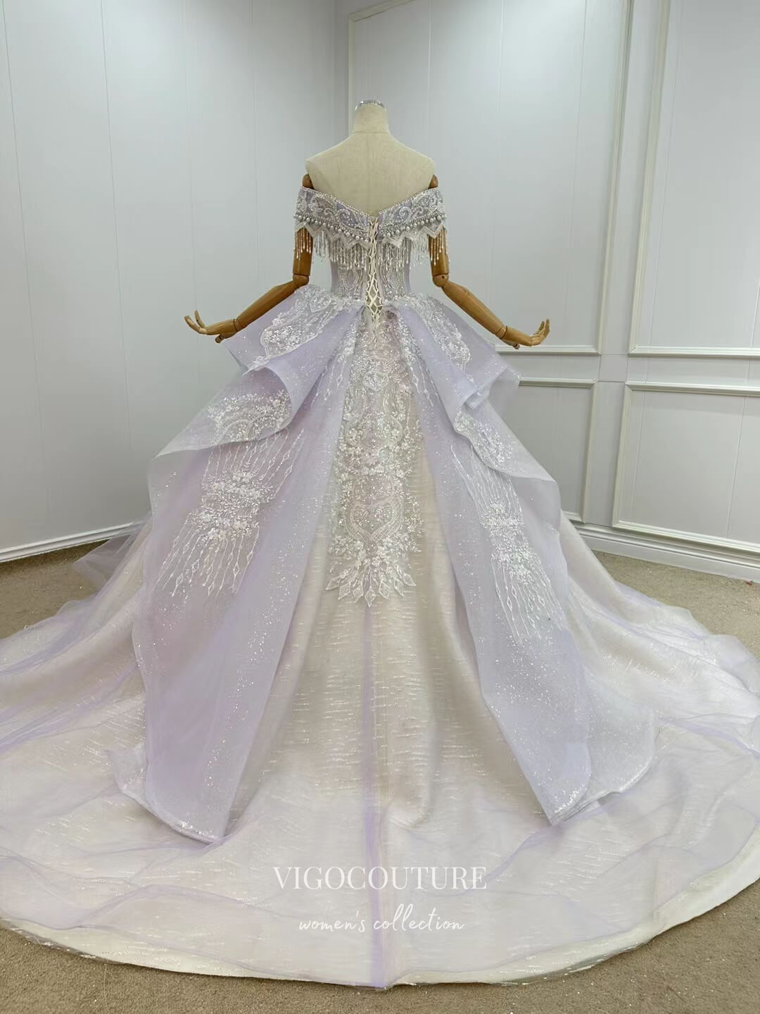 Gorgeous Beaded Lace Wedding Gown Off the Shoulder Formal Dress 70005-Prom Dresses-vigocouture-Lilac-US2-vigocouture