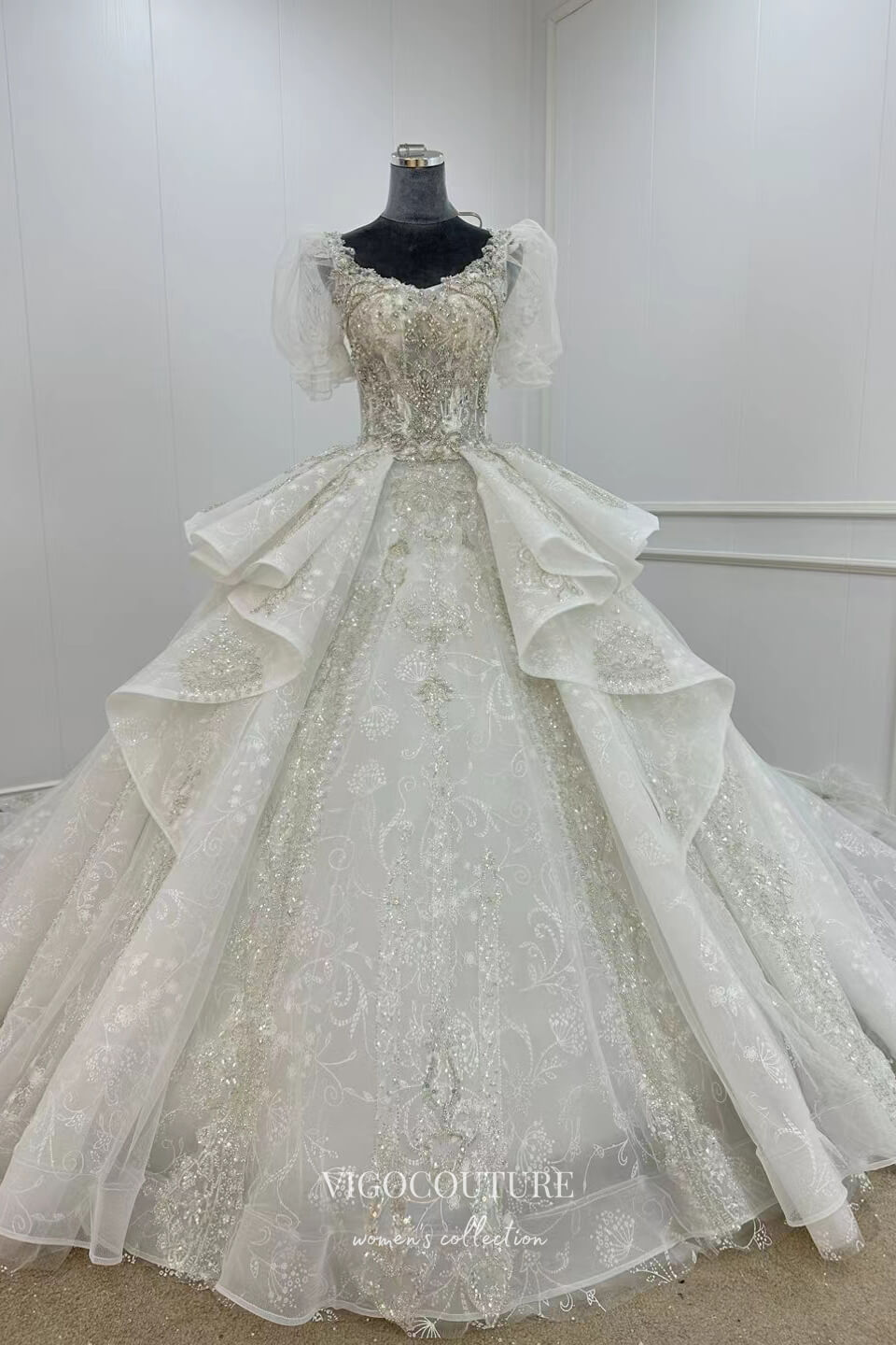 Gorgeous Beaded Lace Wedding Gown with Cathedral Train and Ruffled Overskirt 70006-Prom Dresses-vigocouture-Ivory-US2-vigocouture