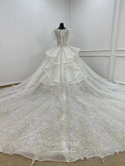 Gorgeous Beaded Lace Wedding Gown with Cathedral Train and Ruffled Overskirt 70006