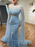 Gorgeous Beaded Mermaid Prom Dresses with Slit Cape Sleeve Pageant Dress 24503-Prom Dresses-vigocouture-Lavender-US2-vigocouture