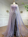 Gorgeous Beaded Mermaid Prom Dresses with Slit Cape Sleeve Pageant Dress 24503-Prom Dresses-vigocouture-Lavender-US2-vigocouture