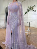 Gorgeous Beaded Mermaid Prom Dresses with Slit Cape Sleeve Pageant Dress 24503-Prom Dresses-vigocouture-Lavender-US2-vigocouture