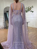 Gorgeous Beaded Mermaid Prom Dresses with Slit Cape Sleeve Pageant Dress 24503-Prom Dresses-vigocouture-Lavender-US2-vigocouture