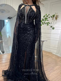 Gorgeous Beaded Mermaid Prom Dresses with Slit Cape Sleeve Pageant Dress 24503-Prom Dresses-vigocouture-Black-US2-vigocouture